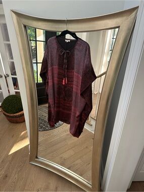 Bohemian kaftan Tie-Neck silk blend Coral/black with Tassels